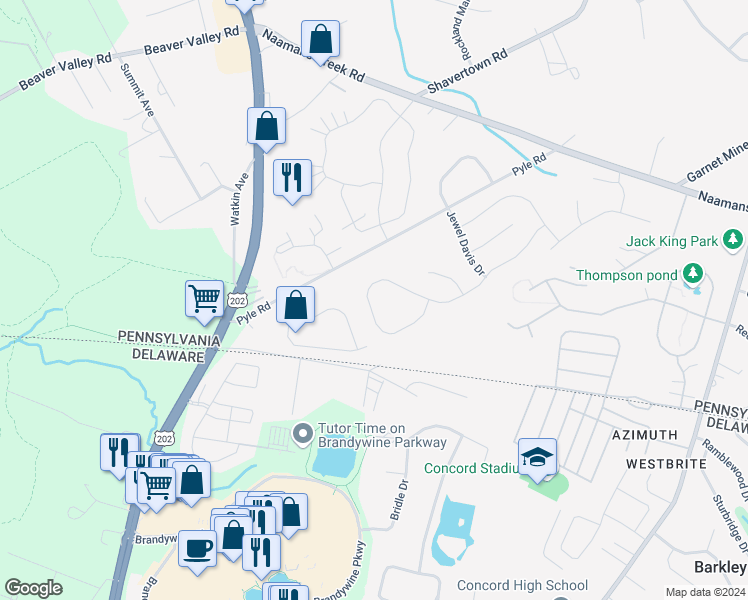 map of restaurants, bars, coffee shops, grocery stores, and more near 3843 Rotherfield Lane in Chadds Ford