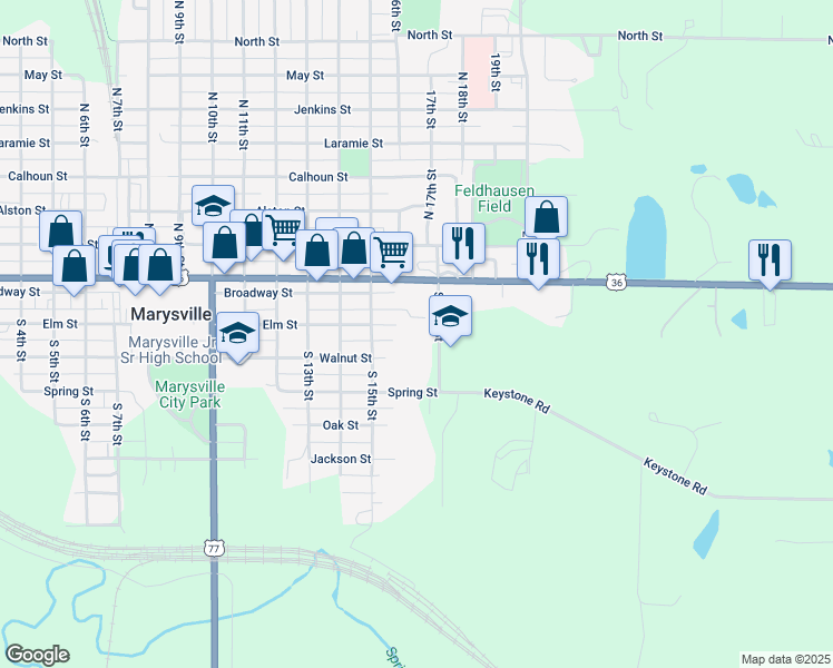 map of restaurants, bars, coffee shops, grocery stores, and more near 1605 Elm Street in Marysville