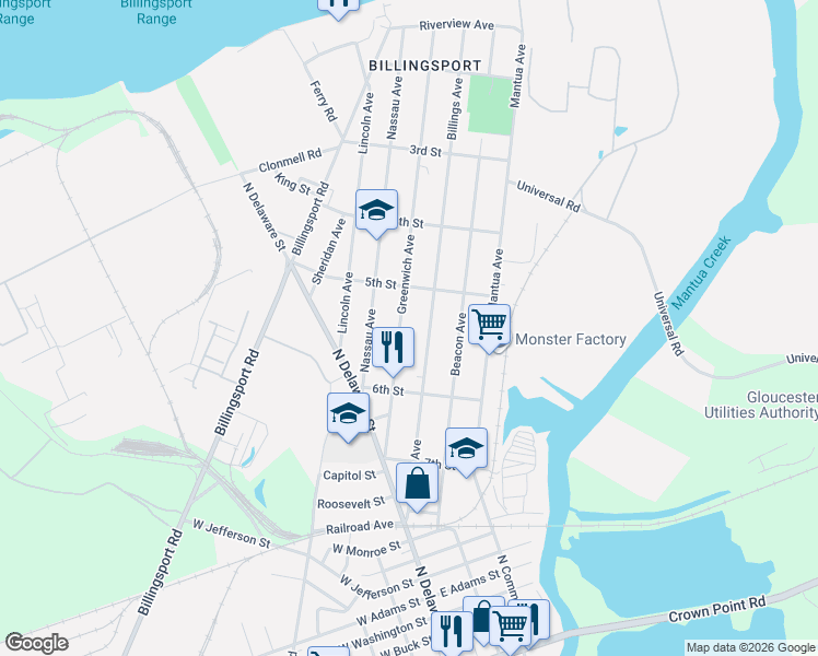 map of restaurants, bars, coffee shops, grocery stores, and more near 548 Greenwich Avenue in Paulsboro