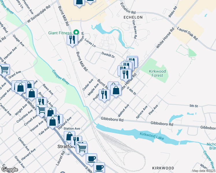 map of restaurants, bars, coffee shops, grocery stores, and more near 1208 Poplar Avenue in Voorhees Township