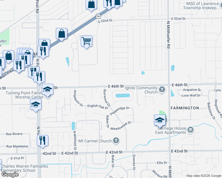map of restaurants, bars, coffee shops, grocery stores, and more near 4531 English Oak Terrace in Indianapolis