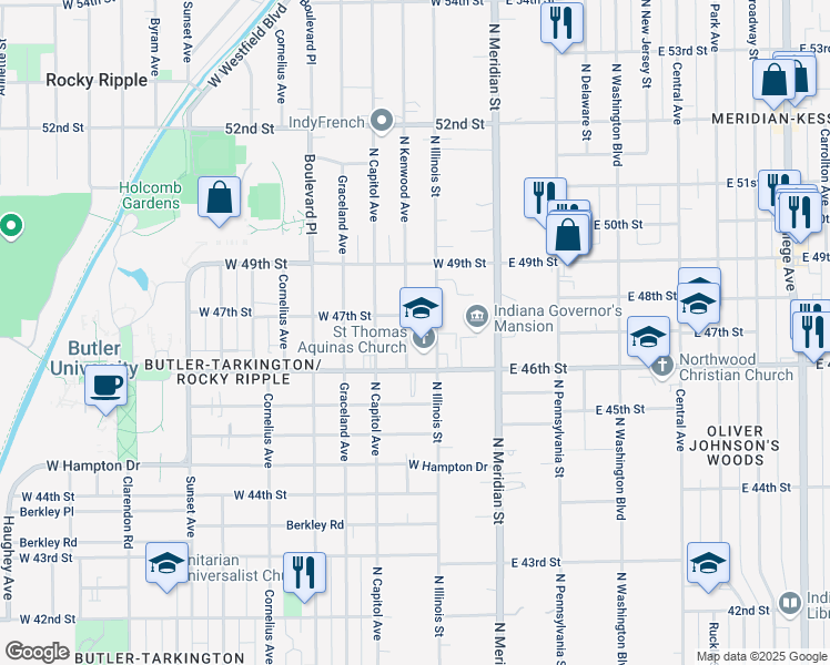 map of restaurants, bars, coffee shops, grocery stores, and more near 4625 North Kenwood Avenue in Indianapolis