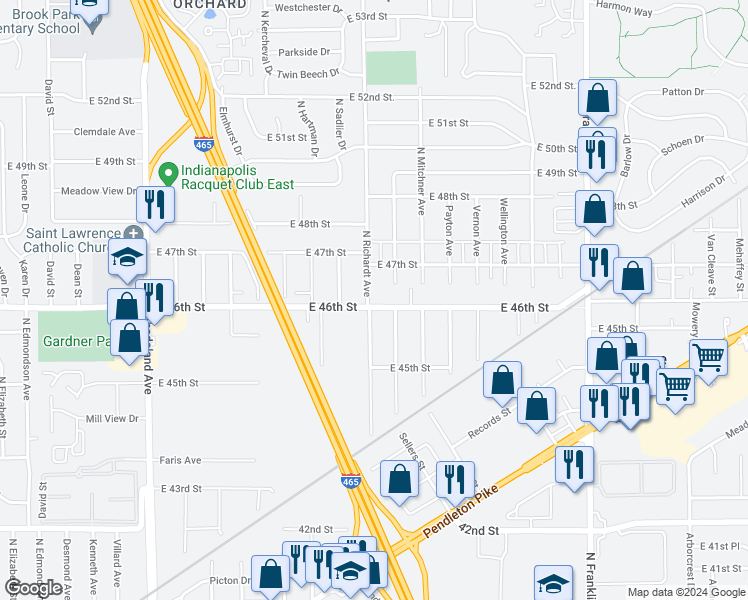 map of restaurants, bars, coffee shops, grocery stores, and more near 4601 North Richardt Avenue in Indianapolis