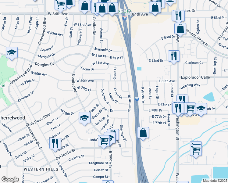 map of restaurants, bars, coffee shops, grocery stores, and more near 7901 Grace Court in Denver