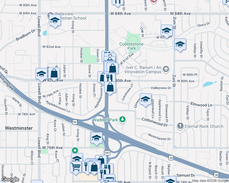 map of restaurants, bars, coffee shops, grocery stores, and more near 7921 Robin Lane in Denver