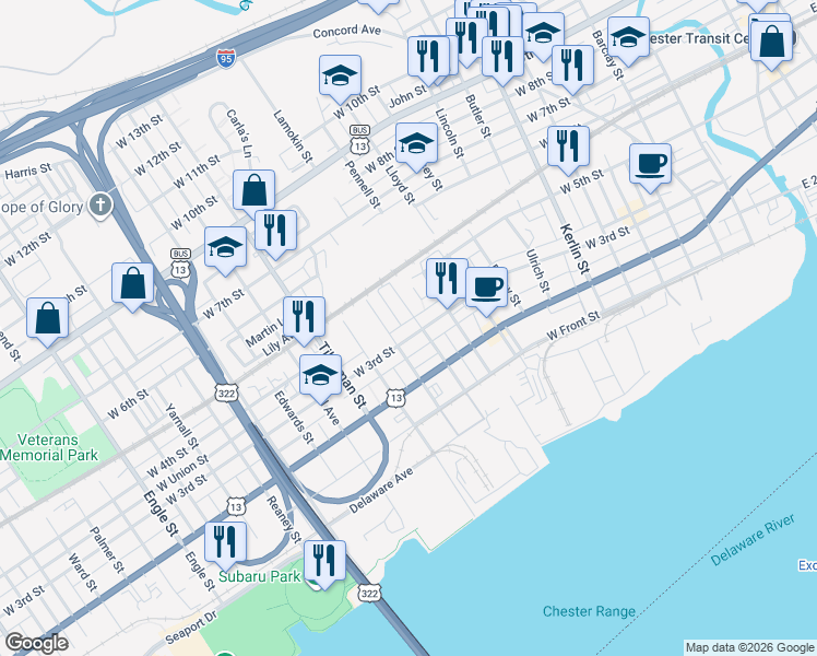 map of restaurants, bars, coffee shops, grocery stores, and more near 1219 West 3rd Street in Chester