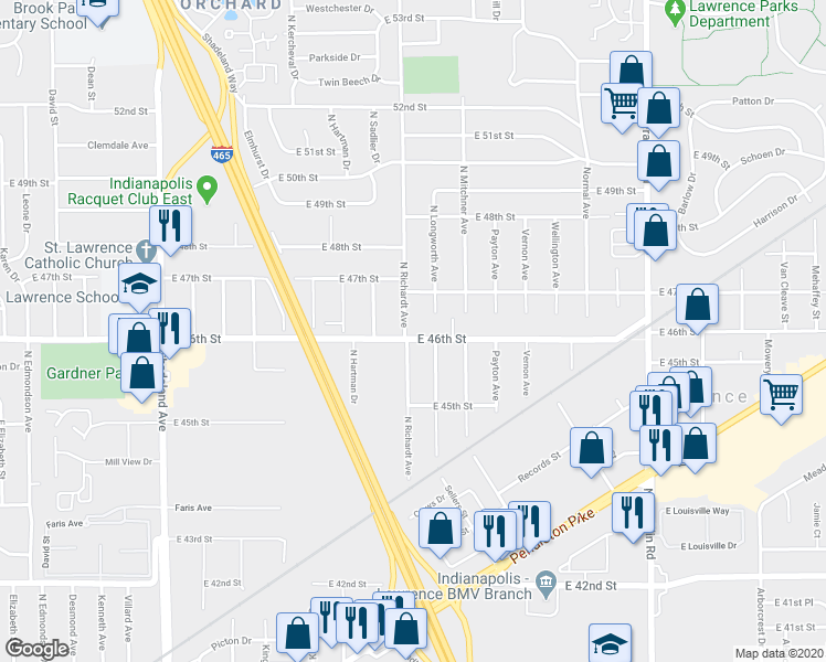 map of restaurants, bars, coffee shops, grocery stores, and more near 4550 North Richardt Avenue in Indianapolis