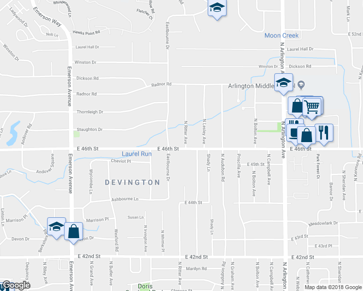 map of restaurants, bars, coffee shops, grocery stores, and more near 4555 Eastbourne Drive in Indianapolis