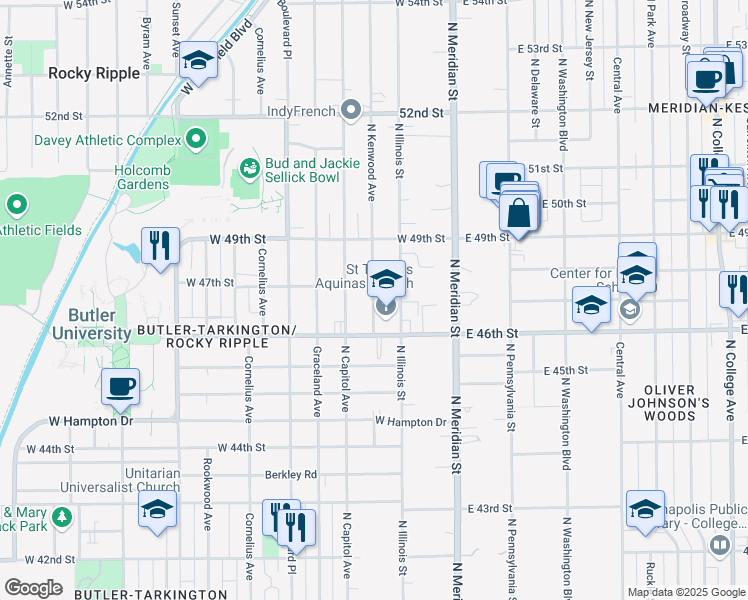 map of restaurants, bars, coffee shops, grocery stores, and more near 4625 North Kenwood Avenue in Indianapolis