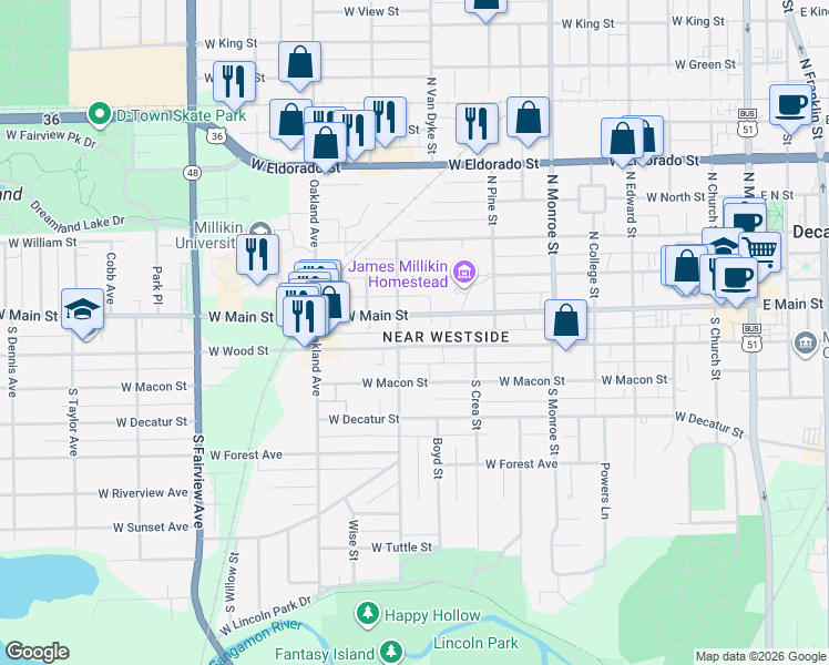 map of restaurants, bars, coffee shops, grocery stores, and more near 201-299 S Haworth Ave in Decatur