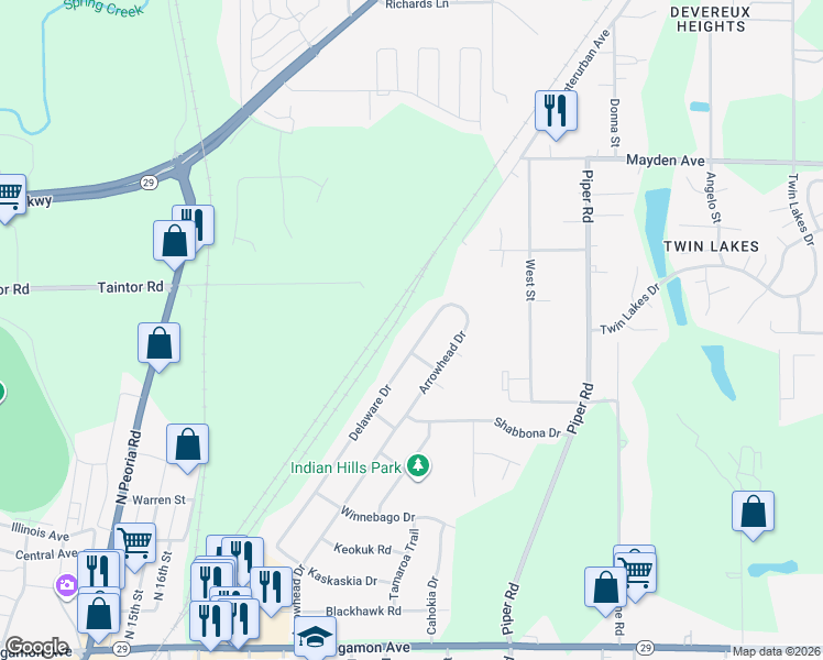map of restaurants, bars, coffee shops, grocery stores, and more near 2700 Delaware Drive in Springfield