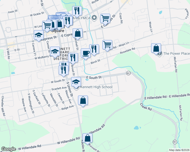 map of restaurants, bars, coffee shops, grocery stores, and more near 406 East South Street in Kennett Square
