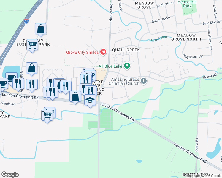 map of restaurants, bars, coffee shops, grocery stores, and more near 6026 Landings Pond Place in Grove City