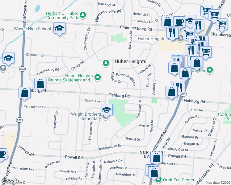 map of restaurants, bars, coffee shops, grocery stores, and more near 5172 Fishburg Road in Dayton