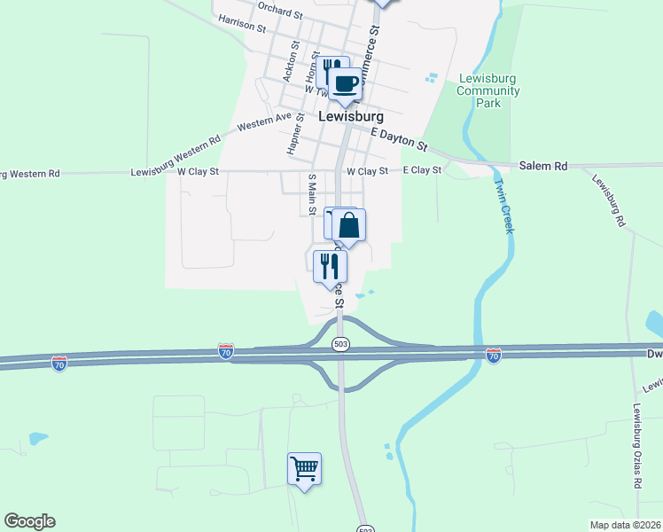 map of restaurants, bars, coffee shops, grocery stores, and more near 701 South Commerce Street in Lewisburg