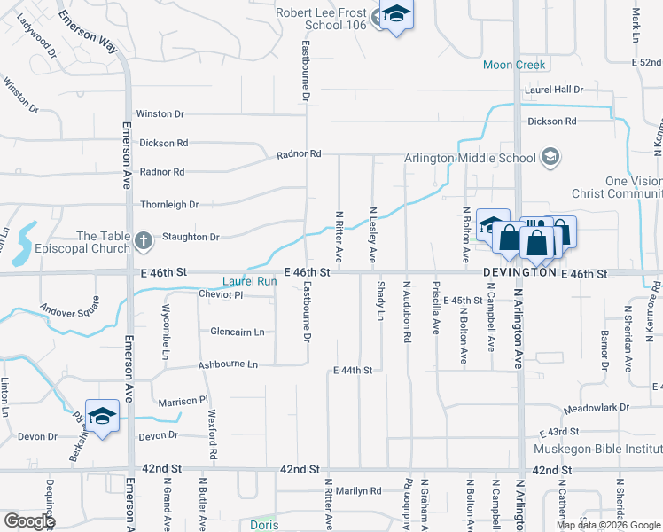 map of restaurants, bars, coffee shops, grocery stores, and more near 4555 Eastbourne Drive in Indianapolis