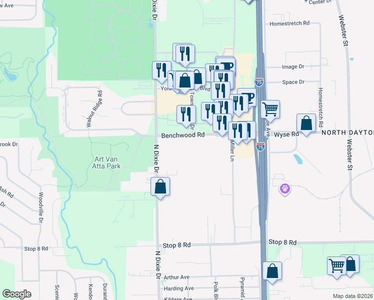 map of restaurants, bars, coffee shops, grocery stores, and more near 3294 Benchwood Road in Dayton
