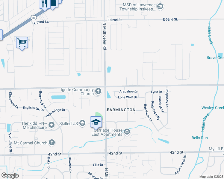 map of restaurants, bars, coffee shops, grocery stores, and more near 10028 Arapahoe Drive in Indianapolis