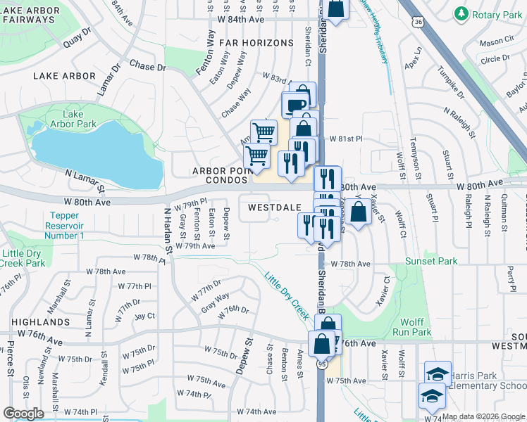 map of restaurants, bars, coffee shops, grocery stores, and more near 7946 Chase Circle in Arvada
