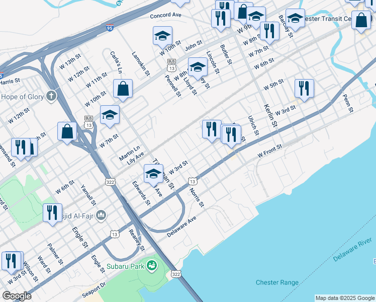 map of restaurants, bars, coffee shops, grocery stores, and more near 305 Broomall St in Chester