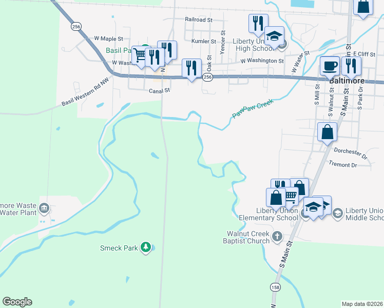 map of restaurants, bars, coffee shops, grocery stores, and more near 7920 Basil Road Northwest in Baltimore