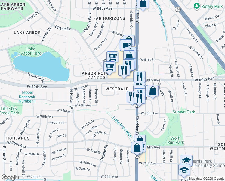 map of restaurants, bars, coffee shops, grocery stores, and more near 7946 Chase Circle in Arvada