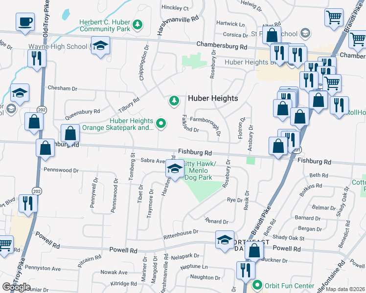 map of restaurants, bars, coffee shops, grocery stores, and more near 5130 Fishburg Road in Dayton