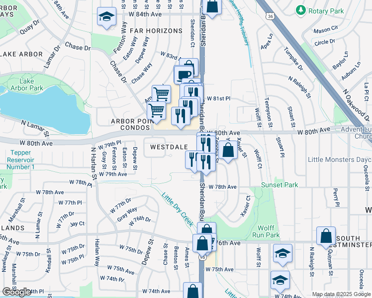 map of restaurants, bars, coffee shops, grocery stores, and more near 5325 West 79th Avenue in Westminster