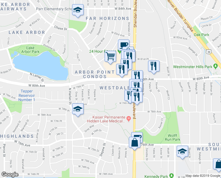 map of restaurants, bars, coffee shops, grocery stores, and more near 7946 Chase Circle in Arvada
