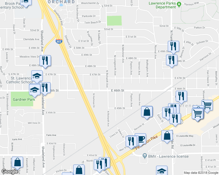 map of restaurants, bars, coffee shops, grocery stores, and more near 4550 North Richardt Avenue in Indianapolis
