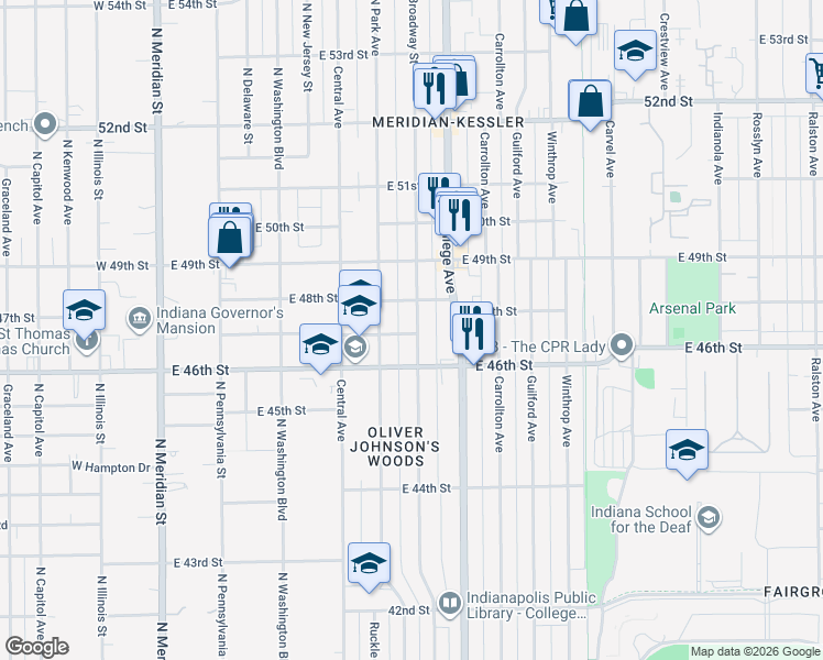 map of restaurants, bars, coffee shops, grocery stores, and more near 4615 Broadway Street in Indianapolis