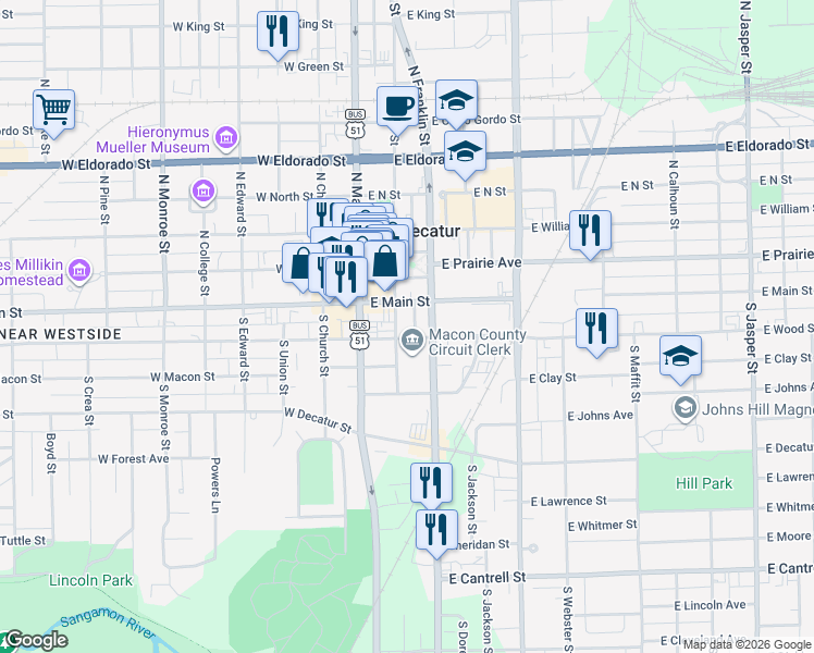 map of restaurants, bars, coffee shops, grocery stores, and more near in Decatur
