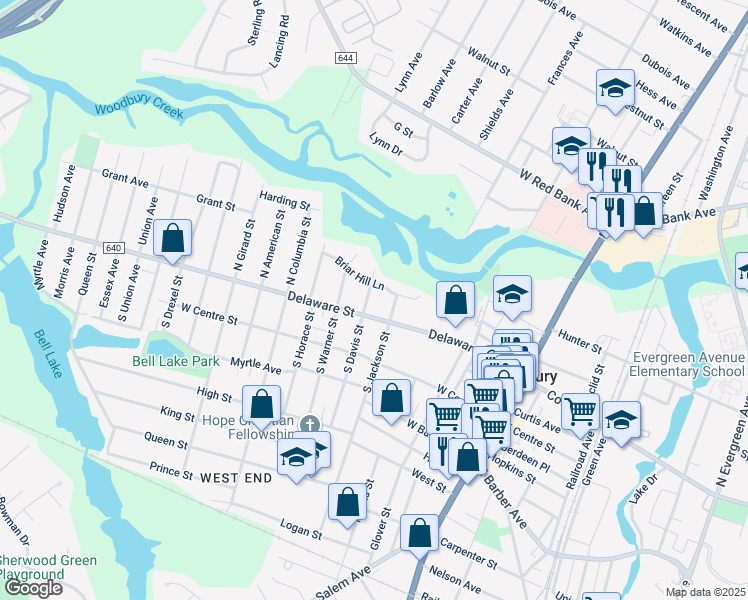 map of restaurants, bars, coffee shops, grocery stores, and more near 22 North Davis Street in Woodbury