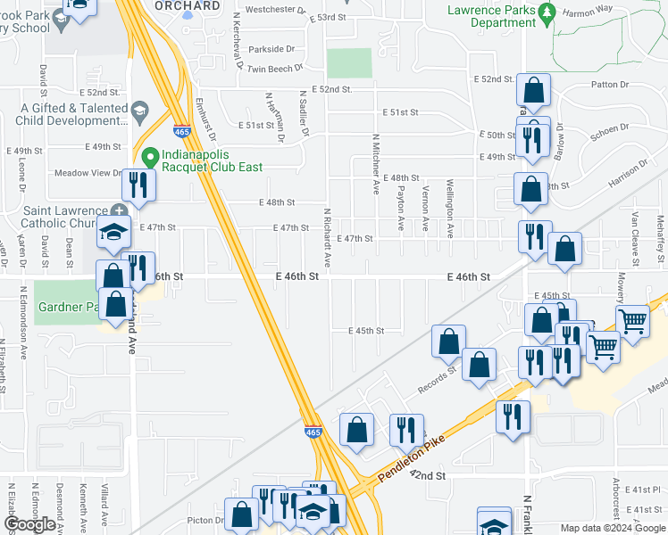 map of restaurants, bars, coffee shops, grocery stores, and more near 4619 North Richardt Avenue in Indianapolis