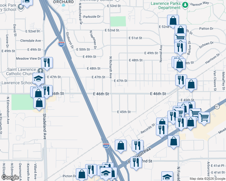 map of restaurants, bars, coffee shops, grocery stores, and more near 4550 North Richardt Avenue in Indianapolis