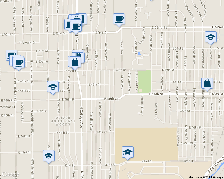 map of restaurants, bars, coffee shops, grocery stores, and more near 4707 Winthrop Avenue in Indianapolis