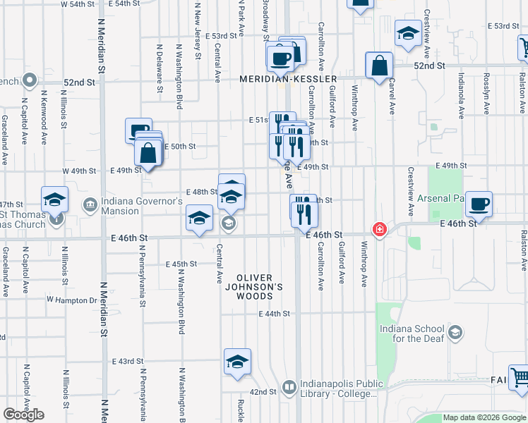 map of restaurants, bars, coffee shops, grocery stores, and more near 4615 Broadway Street in Indianapolis