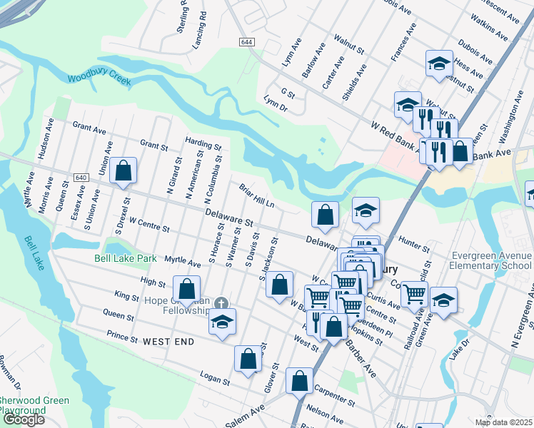 map of restaurants, bars, coffee shops, grocery stores, and more near 22 North Davis Street in Woodbury