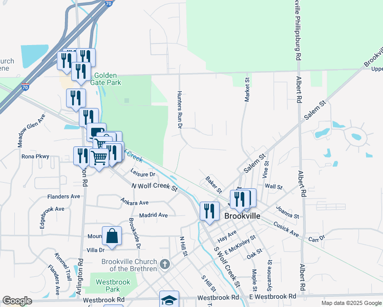map of restaurants, bars, coffee shops, grocery stores, and more near 500 Baker Street in Brookville