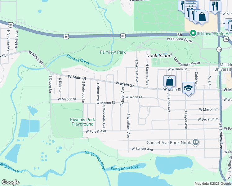 map of restaurants, bars, coffee shops, grocery stores, and more near 100-228 S Glencoe Ave in Decatur
