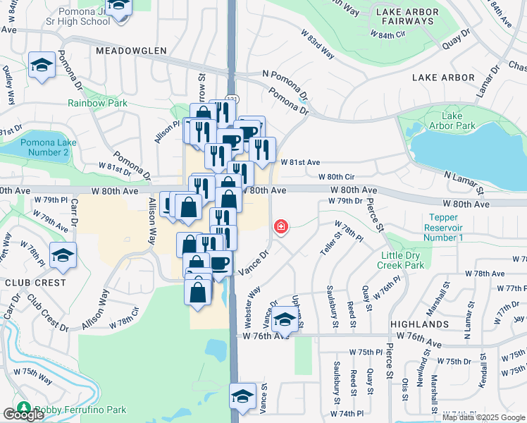 map of restaurants, bars, coffee shops, grocery stores, and more near 7985 Vance Drive in Arvada