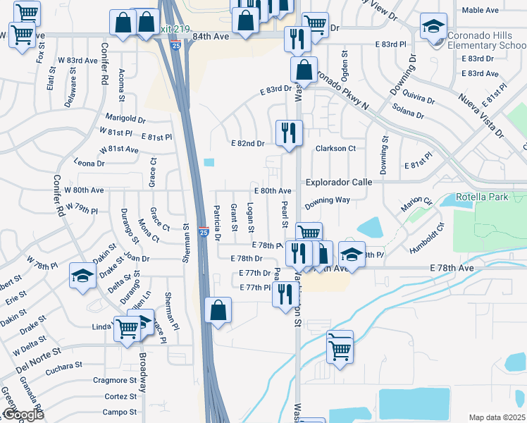 map of restaurants, bars, coffee shops, grocery stores, and more near 7984 Logan Street in Denver