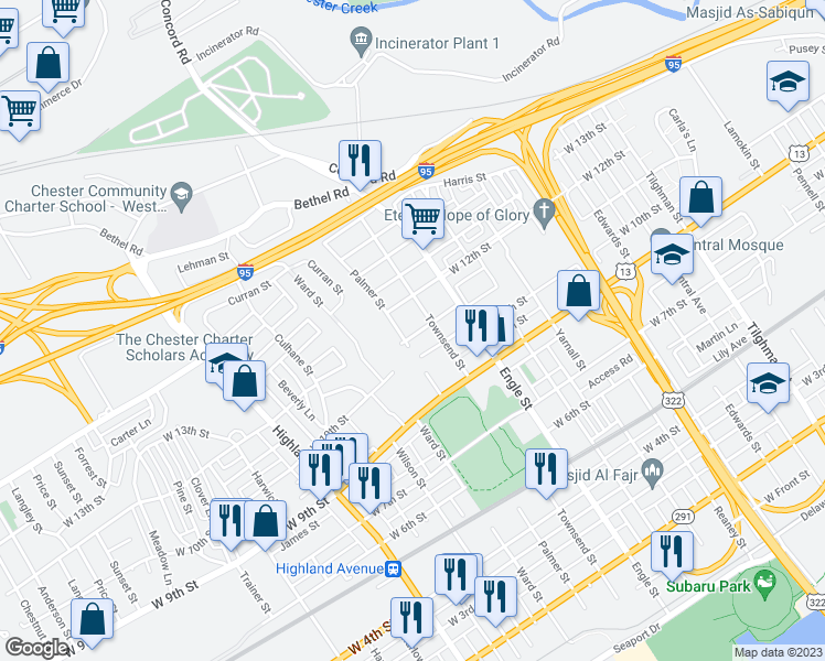 map of restaurants, bars, coffee shops, grocery stores, and more near 2320 West 11th Street in Chester