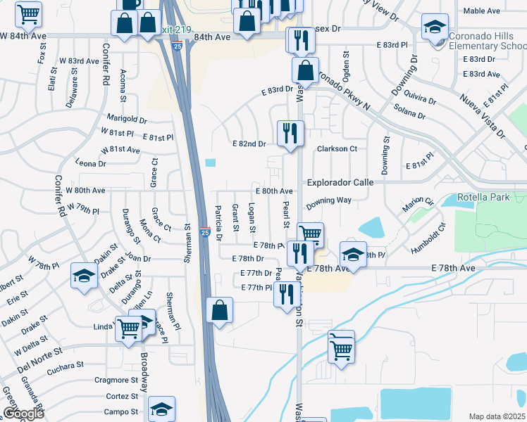 map of restaurants, bars, coffee shops, grocery stores, and more near 7984 Logan Street in Denver