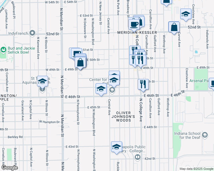 map of restaurants, bars, coffee shops, grocery stores, and more near 419 East 48th Street in Indianapolis