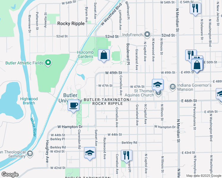 map of restaurants, bars, coffee shops, grocery stores, and more near 4719 Hinesley Avenue in Indianapolis