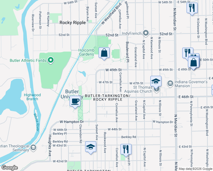 map of restaurants, bars, coffee shops, grocery stores, and more near 4711 Rookwood Avenue in Indianapolis