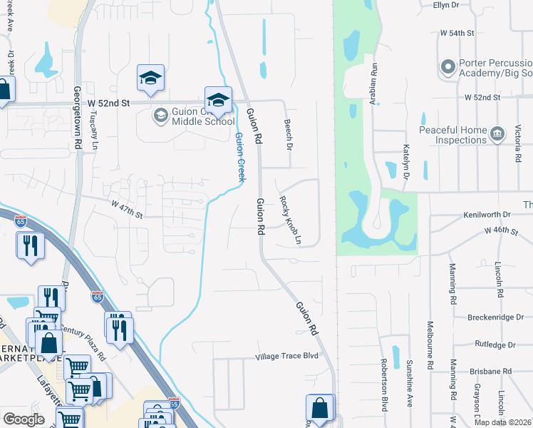 map of restaurants, bars, coffee shops, grocery stores, and more near 4818 Rocky Knob Lane in Indianapolis