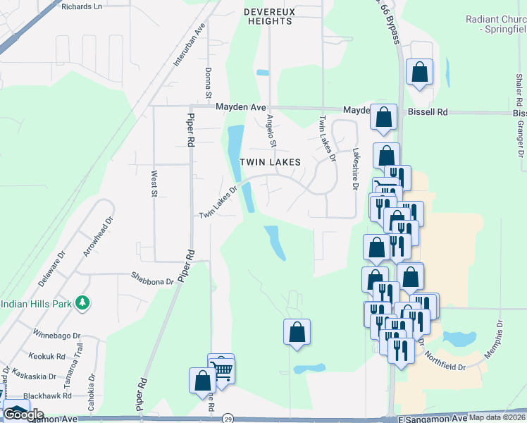 map of restaurants, bars, coffee shops, grocery stores, and more near 2704 Mead Drive in Springfield