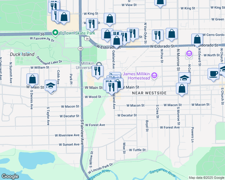 map of restaurants, bars, coffee shops, grocery stores, and more near 111 South Oakland Avenue in Decatur